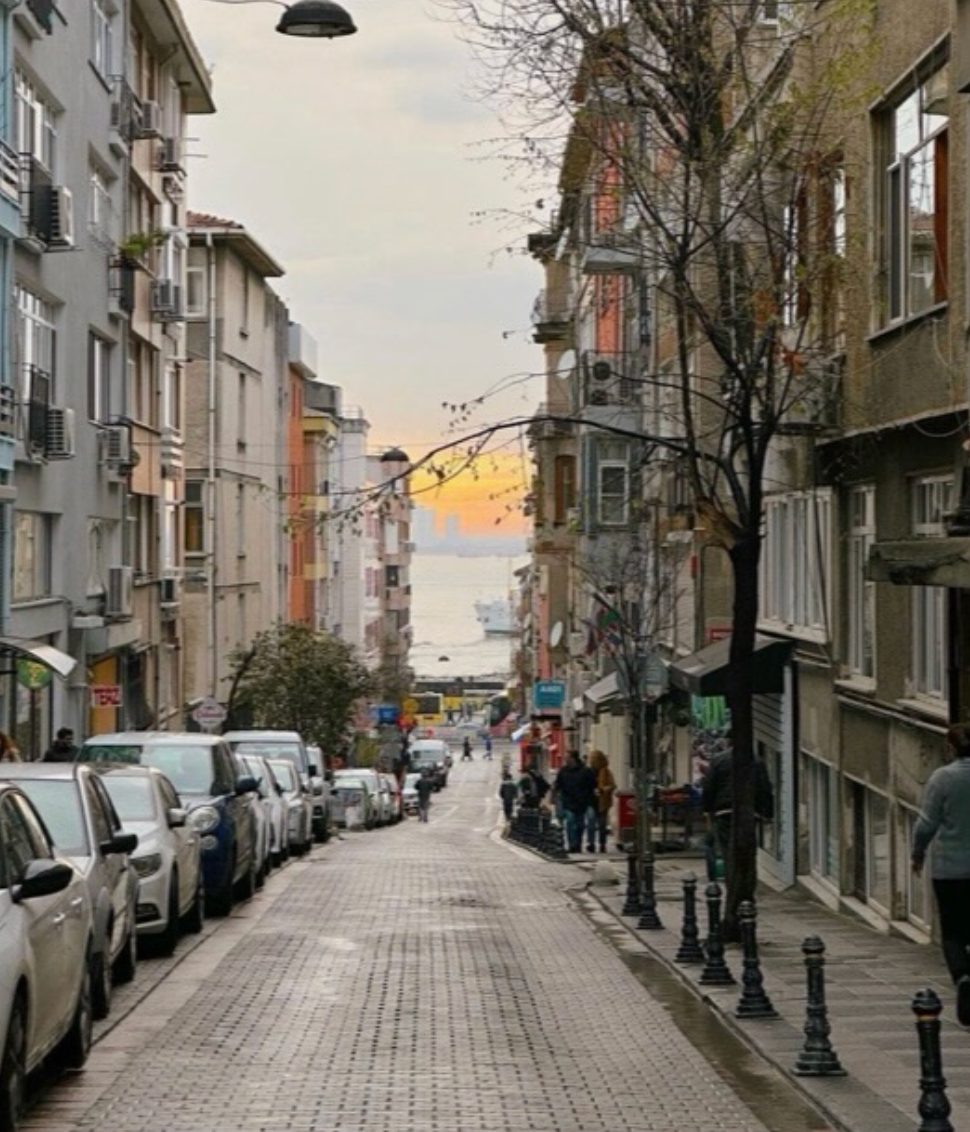 Apartman girişi ve ağaçlı kaldırım
